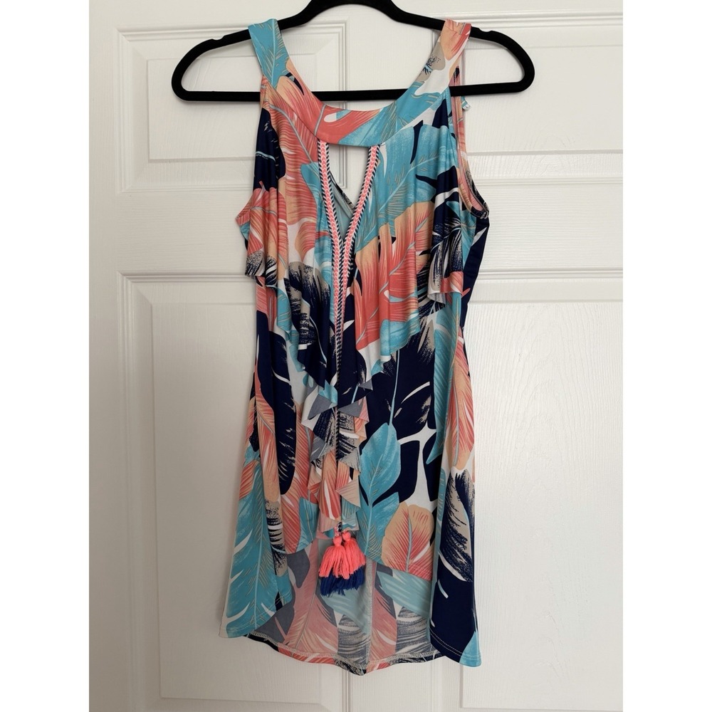 VENUS Tropical Palm Leaf Halter Tunic Top - Ruffle Front Tassel Keyhole S